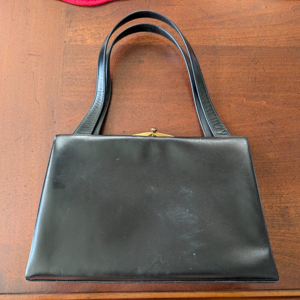 Vintage 1960's Waldybag Real Black Leather Hand Bag Purse Made in England